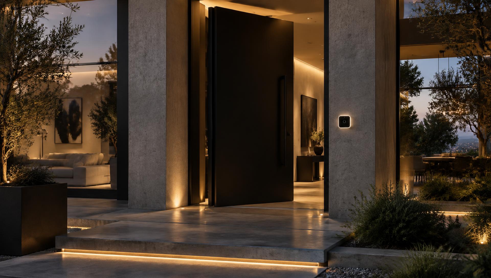 Modern luxury home entrance at dusk with a DoorTap device mounted beside the front door